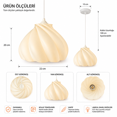 Pumpkin Tekli Avize Yatak Odası Mutfak Sarkıt Avize – Salon ve Oturma Odası Aydınlatması 25X25 CM Krem