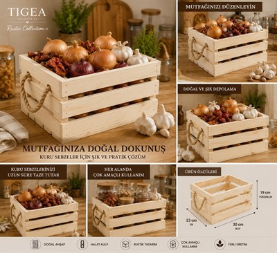 TIGEA Doğal Ahşap Halat Kulplu Dekoratif Kasa 30x23x19 cm Çok Amaçlı Organizer