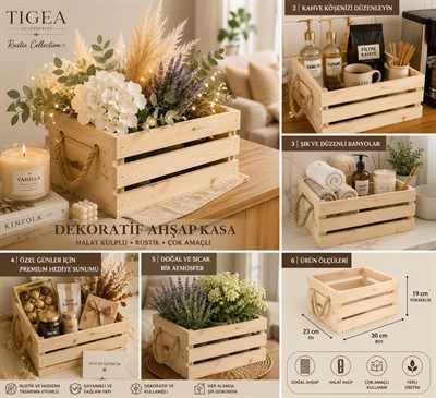 TIGEA Doğal Ahşap Halat Kulplu Dekoratif Kasa 30x23x19 cm Çok Amaçlı Organizer