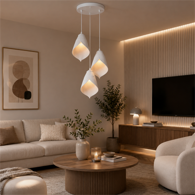 Yaprak Şekilli Beton Dokulu Salon / Oturma Odası Üçlü Sarkıt Avize