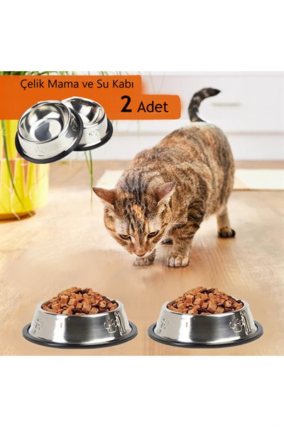 2 Adet Paslanmaz Çelik Mama Ve Su Kabı, Alt Taban 16 Cm (250 ML-8 OZ)