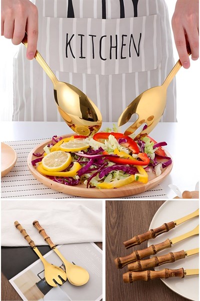 2'li Bambu Saplı Gold Salata Servis Kaşığı Seti, Dekoratif Gold Salata Kaşığı Seti