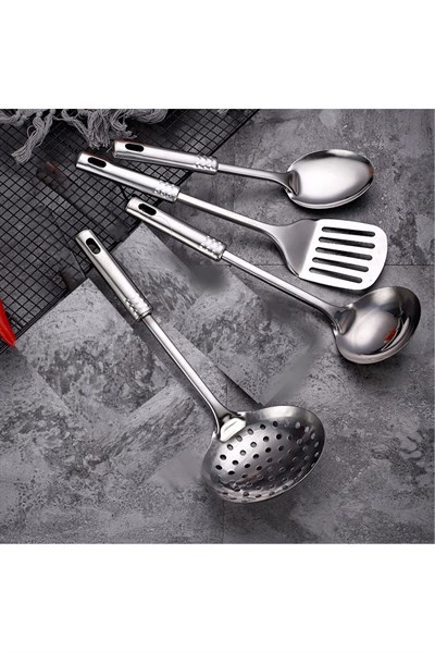 4 Parça Çelik Mutfak Servis Seti Kepçe Kevgir Spatula Kaşık Takımı Çeyiz Seti