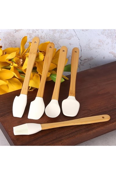 5 Parça Bambu Silikon Spatula Kaşık Fırça Seti Bambu Mini Kaşık Spatula Fırça Seti Yüksek Kalite