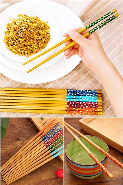Bambu Chopstick 10 Parça Ahşap Desenli Çin Çubuğu Tekrar Kullanılabilir