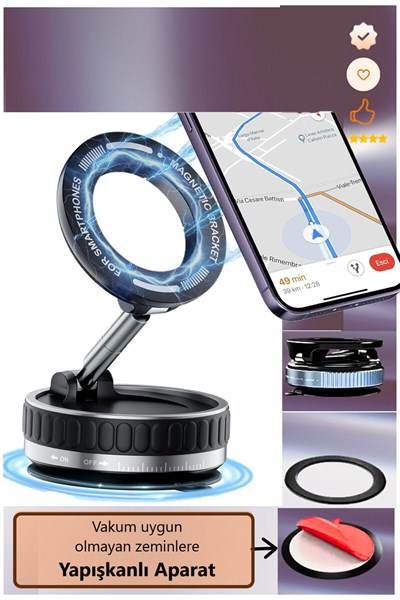 Mıknatıslı Telefon Tutucu - Ayarlanabilir Vakumlu Araç İçi Telefon Tutucu 360° Dönebilen