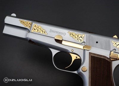 Browning HP - Mat Beyaz Krom Kaplama - Sarı Titanyum Sade Serpme Gravür