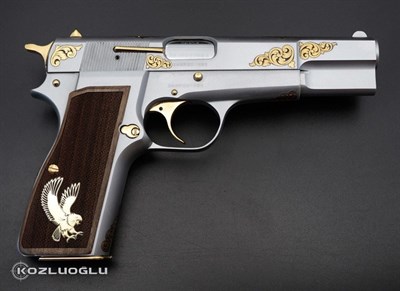 Browning HP - Mat Beyaz Krom Kaplama - Sarı Titanyum Sade Serpme Gravür