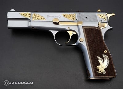 Browning HP - Mat Beyaz Krom Kaplama - Sarı Titanyum Sade Serpme Gravür