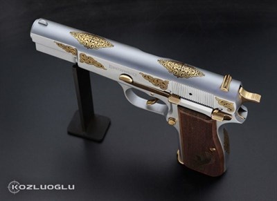 Browning HP - Mat Beyaz Krom Kaplama - Sarı Titanyum Sade Serpme Gravür