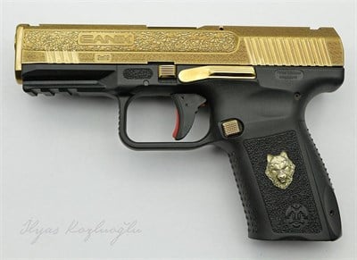 Canik TP9 Mat Sarı Titanyum Kaplama - Çiçek Desen & Eng Scroll Gravür - 3D Ay YıldıZ