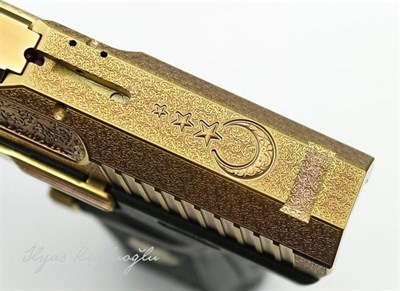 Canik TP9 Mat Sarı Titanyum Kaplama - Çiçek Desen & Eng Scroll Gravür - 3D Ay YıldıZ