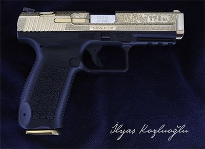 Canik TP9 Sarı Titanyum Kaplama - Çiçek Desen & English Scroll Gravür