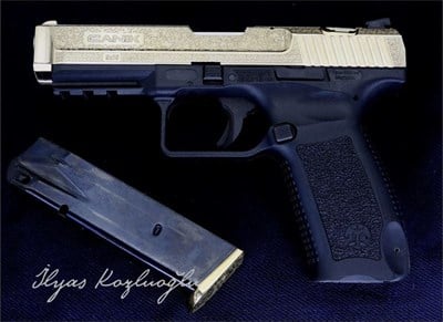 Canik TP9 Sarı Titanyum Kaplama - Çiçek Desen & English Scroll Gravür