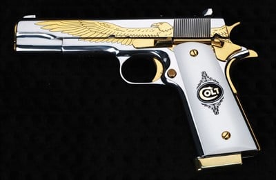 Colt 1911 - Parlak Beyaz Krom & Sarı Titanyum Kaplama-  Kartal Gravür