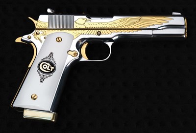 Colt 1911 - Parlak Beyaz Krom & Sarı Titanyum Kaplama-  Kartal Gravür
