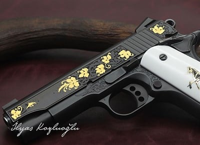 Colt 1911 - Sarı Yapraklı Gravür Desen - Koyu Füme Titanyum Kaplama