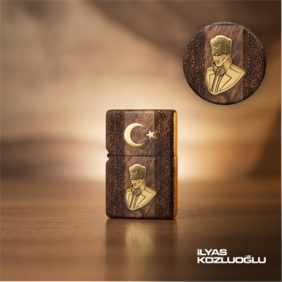 El Yapımı Kakma Çakmak Pirinç Atatürk Portreli ve Ay Yıldızlı