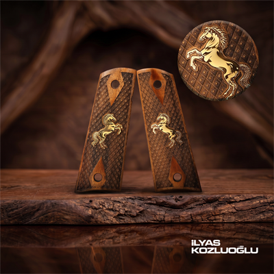Colt 1911 Ceviz Kabza Tam Baklava Desenli Sarı Pirinç At Logolu