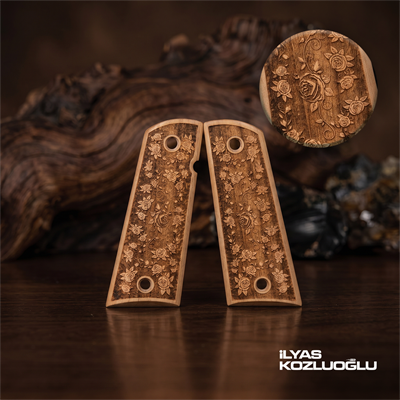 Colt 1911 Ceviz Kabza Tam Yüzey Çiçek Desenli Ahşap Kabza