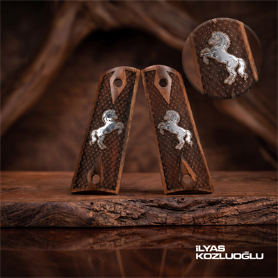 Colt 1911 Koyu Ceviz Kabza Tam Baklava Desenli Gümüş At Logolu