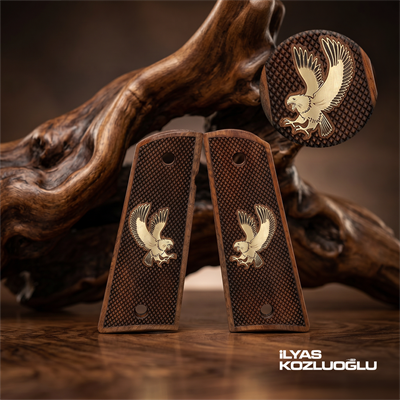 Colt 1911 Koyu Ceviz Kabza Tam Yüzey Baklava Desenli Sarı Pirinç Kartal Logolu