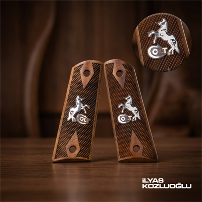 Colt 1911 Koyu Ceviz Kabza Tam Yüzey Baklava Desenli Gümüş At ve Colt Logolu
