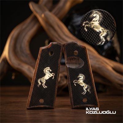 Colt 1911 Koyu Ceviz Kabza Tam Yüzey Baklava Desenli Sarı Pirinç At Logolu
