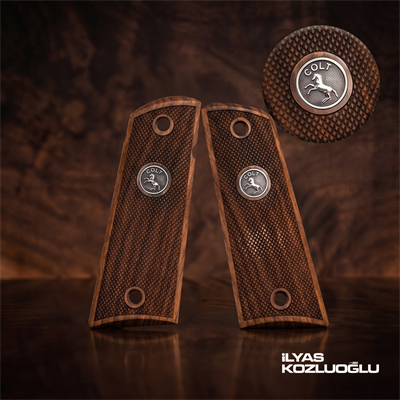 Colt 1911 Koyu Ceviz Kabza Tam Yüzey Baklava Desen Üzeri Gümüş Colt Logolu
