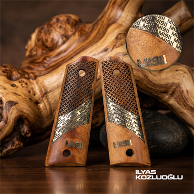 Colt 1911 Koyu Ceviz Kabza Yarım Yüzey Desenli Özel Tasarım Gümüş Plakalı