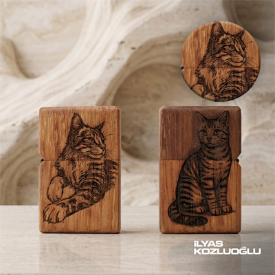 İroko Ahşap Özel Tasarım Çakmak Kedi Logolu