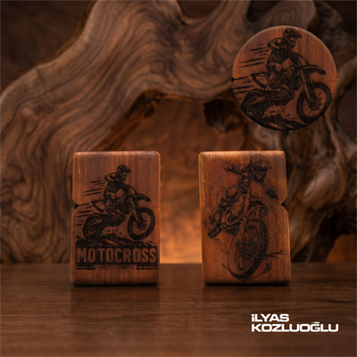 İroko Ahşap Özel Tasarım Çakmak Motocross Logolu