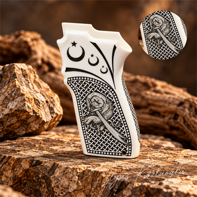Smith & Wesson 5904 - 5906 Beyaz Pleksi Kabza Tam Yüzey Desenli Üzerinde Özel Tasarım Gümüş Renk Figürlü