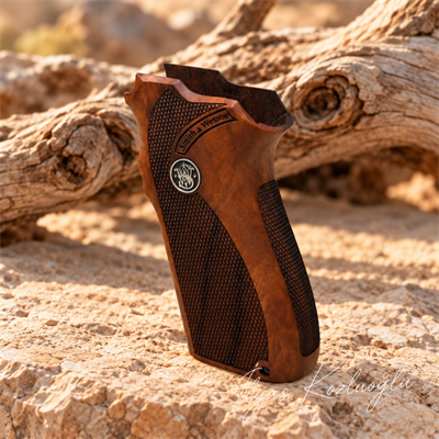 Smith & Wesson 5904 - 5906 Ceviz Kabza Tam Yüzey Desenli Üzerinde Gümüş Renk Smith & Wesson Logolu