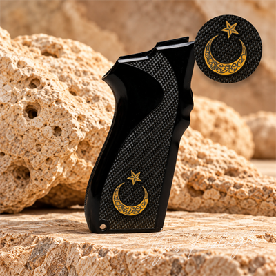 Smith & Wesson 5904 - 5906 Siyah Pleksi Kabza Tam Yüzey Desenli Üzerinde Sarı Pirinç Ay Yıldız ve Osmanlı Arması Logolu