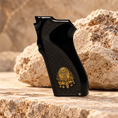 Smith & Wesson 5904 - 5906 Siyah Pleksi Kabza Tam Yüzey Desenli Üzerinde Sarı Pirinç Ay Yıldız ve Osmanlı Arması Logolu