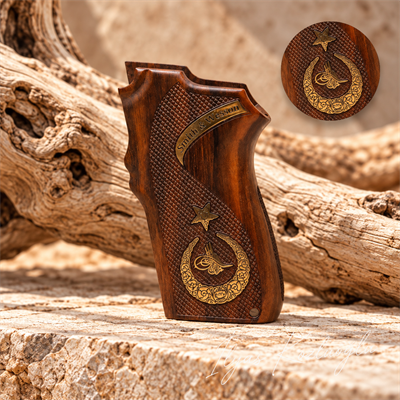 Smith & Wesson 6906 Ceviz Kabza Tam Yüzey Desenli Sarı Pirinç Ay Yıldız ve Osmanlı Tuğra Logolu