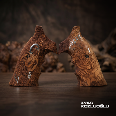 Smith & Wesson K/L Frame Square Butt Ceviz Kabza Tam Yüzey Özel Tasarımlı Gümüş Renk Yazılı