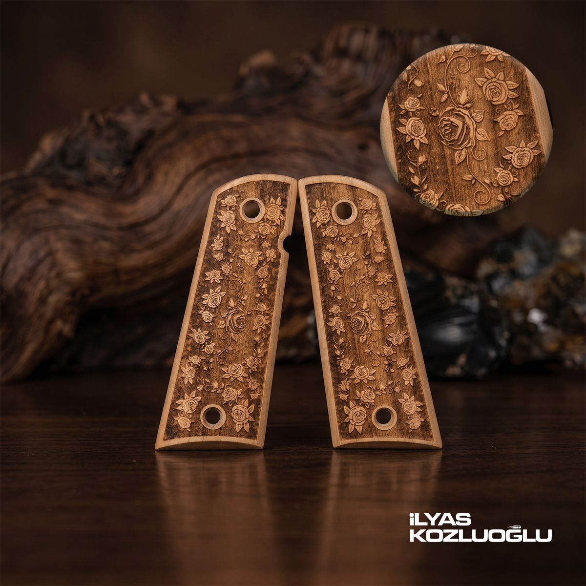 樹　 Colt 1911 Ceviz Kabza Tam Yüzey Çiçek Desenli Ahşap Kabza