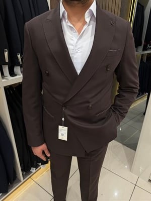 Çift Pileli Kruvaze Takım | Kahverengi