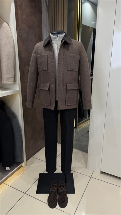 Çıkarılabilir Kadife Yaka Kısa Kaban | Kahve