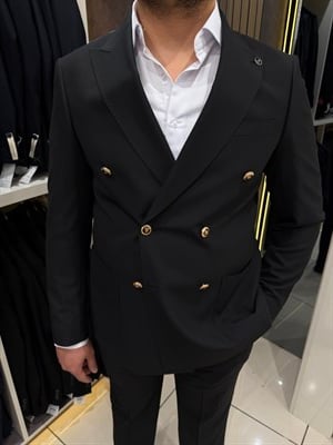 Gold Düğmeli Kruvaze Takım | Siyah