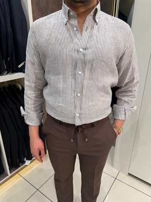 Yaka Düğmeli Ham Keten Gömlek | Kahve