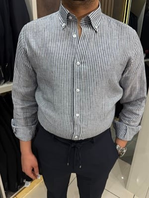 Yaka Düğmeli Ham Keten Gömlek | Lacivert