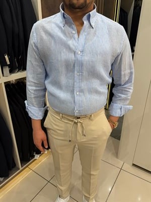 Yaka Düğmeli Ham Keten Gömlek | Mavi