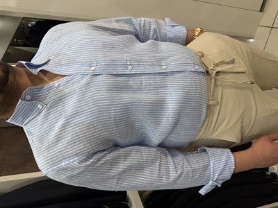 Yaka Düğmeli Ham Keten Gömlek | Mavi