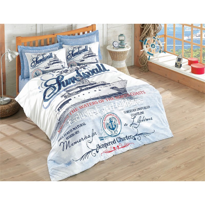 CottonBox Ranforce Nevresim Takımı Maritime Harbors Mavi Çift Kişilik