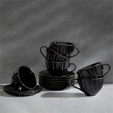 Nehir Yasemin Siyah 12 Parça Porselen Çay Takımı