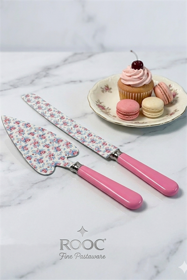ROOC ÇİÇEK DESENLİ PEMBE SAPLI 2 PARÇA PASTA SERVİS SETİ