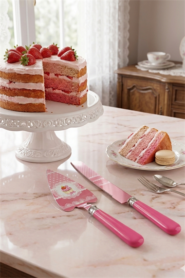 ROOC CUPCAKE VE KALP DESENLİ PEMBE 2 PARÇA PASTA SERVİS SETİ